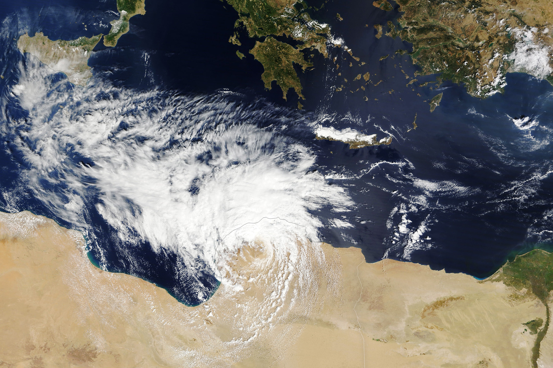 Satellite image Mediterranean cyclone over Libya. Courtesy of NASA Earth Observatory