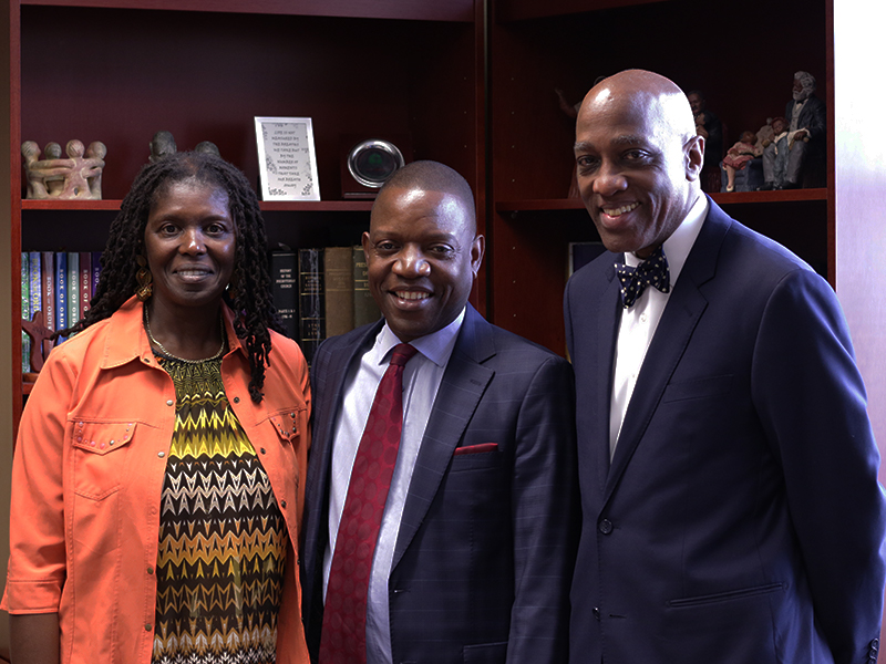 The Rev. Dr. Shirilele Patrick Nyambi (center) meets with Dianna Wright, interim director of Ecclesial and Ecumenical ministries within the Office of the General Assembly, and the Rev. Dr. J. Herbert Nelson, II, Stated Clerk of the General Assembly of the PC(USA).