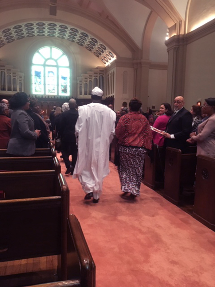 A procession of clergy enter the sanctuary of Broad Street Presbyterian Church in Columbus, Ohio, for Robina Winbush’s funeral. Photo by Rick Jones.